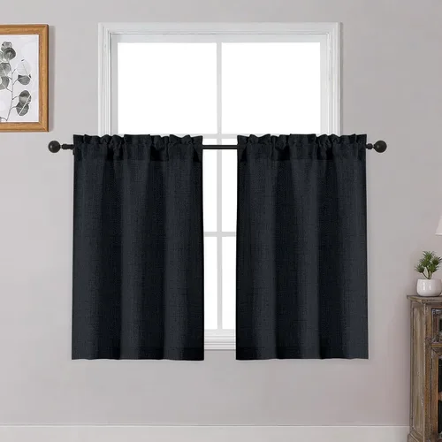 Vista 21 de OWENIE Cortinas de Cocina Negras Sobre Fregadero de 24 Pulgadas de Largo, Juego de 2 Paneles, Cortinas Cortas de Café con Textura Filtrante de Luz