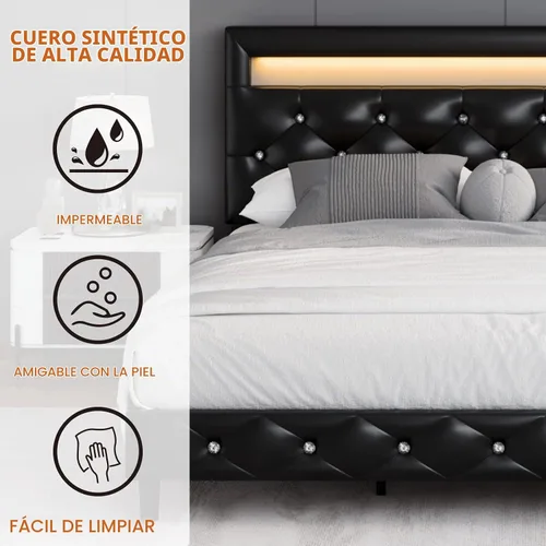 Vista 6 de Base de cama tapizada moderna tamaño Queen con luces LED, marco de cama de plataforma de piel sintética de perfil bajo, cabecero ajustable