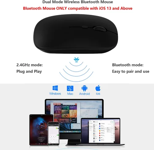 Vista 2 de Ratón inalámbrico Bluetooth para Apple iPad, iPhone, MacBook, Android, Samsung, tableta, teléfono de modo dual recargable 2.4G, ratones portátiles