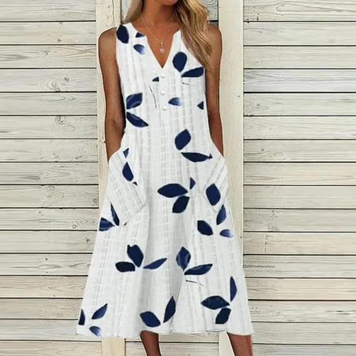Vista 6 de Vestido casual de verano para mujer, con botones, cuello en V, sin mangas, con bolsillos, para vacaciones, vestido floral de verano a media pierna