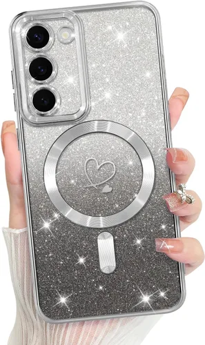 Vista 102 de Bonoma - Funda compatible con Samsung Galaxy S21 Plus, diseño de corazón con purpurina, color rosa Support for MagSafe, Plating Magnetic Case TPU