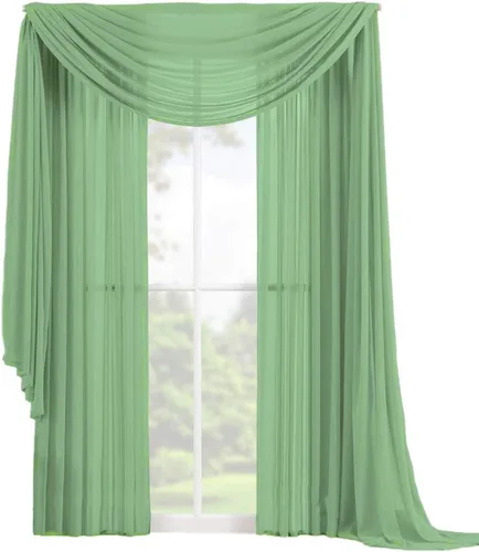 Vista 7 de Decotex Juego de 3 cortinas de gasa transparente para ventana, incluye 2 paneles y 1 bufanda a juego (120 pulgadas de largo, chocolate)