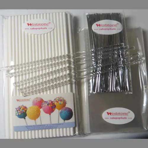 Vista 3 de 100 palitos de piruleta de 6 pulgadas + bolsas de 3 x 5 pulgadas + lazos plateados + 5 palitos transparentes gratis) para caramelos de piruleta Cake
