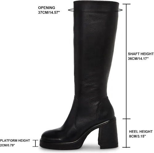 Vista 2 de SOVANYOU Botas de cuero negro con plataforma para mujer, botas de tacón grueso con punta cuadrada
