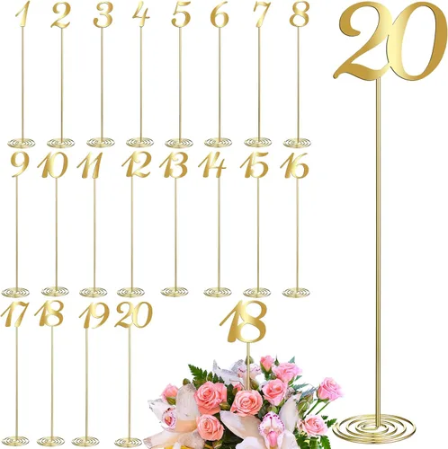 Vista 9 de Therwen 20 piezas Números de mesa de metal 1-20 Números de mesa para recepción de boda Figura de escritorio de acero inoxidable de 30 cm con base