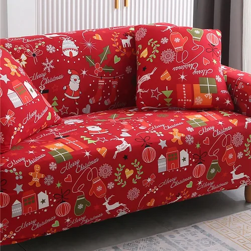 Vista 5 de Mybedsoul Funda de sofá elástica con estampado navideño de Papá Noel, lavable a máquina, temática navideña, color rojo, para sala de estar