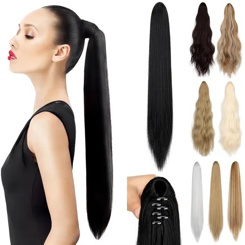 Vista 9 de Extensión de cola de caballo de 22 pulgadas y 24 pulgadas de largo, ondulado y lacio, extensiones de cabello sintético de aspecto natural