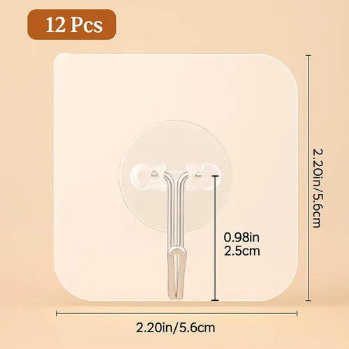 Vista 3 de Ganchos de pared adhesivos resistentes, acero inoxidable transparente, paquete de 12 – carga máxima de 24 libras, ganchos reutilizables impermeables