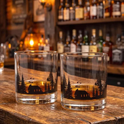 Vista 4 de Black Lantern Juego de vasos de whisky Cabin in the Forest – Vasos de 11 oz estilo antiguo con diseño de cabaña y pino Cristalería de base pesada