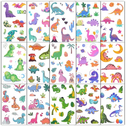 Vista 5 de Ozepao Tatuajes temporales con purpurina de dinosaurio para niños, 160 estilos, recuerdos de fiesta de dinosaurio, suministros de fiesta