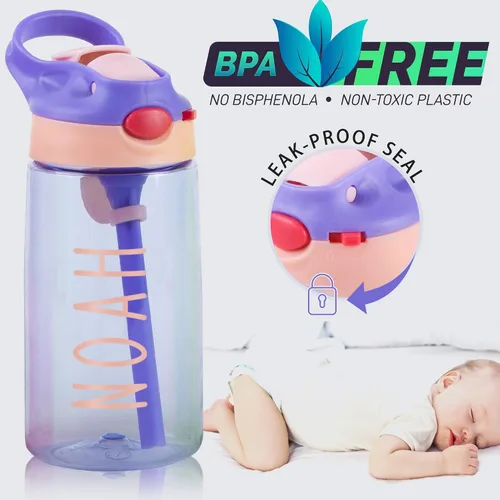 Vista 2 de Mostop Botellas de agua personalizadas para niños, botella de agua deportiva con nombre personalizado de 16 onzas con popote para niños, niñas