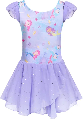 Vista 39 de Arshiner - Vestido de baile de ballet con mangas con volantes, leotardo de tutú con ruedo para niñas Lila