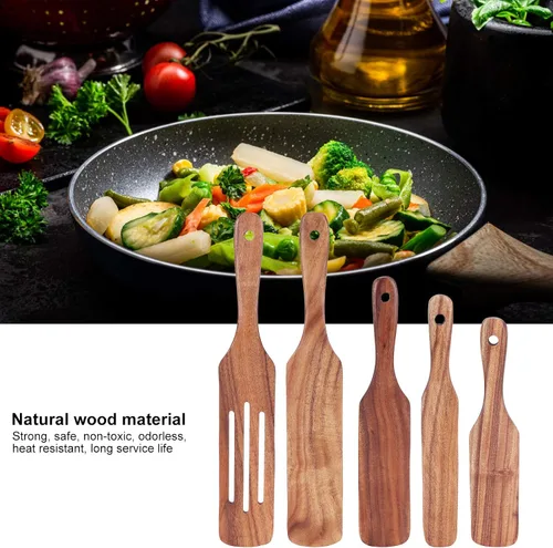Vista 3 de FLEXMAN 5Pcs Teak Wooden Utensils Set, Multi Functional Wood Cooking Utensils Set, Kitchen Utensils Set, Non Scratch Cooking Utensils for Stir