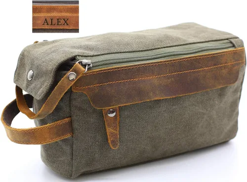 Vista 2 de Flow.month Neceser personalizado para hombres y mujeres – Kit de afeitado de viaje, kit de Dopp en cuero de caballo loco o lona, ideal para regalos