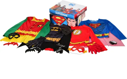 Vista 5 de Rubie's DC Comics - Juego de 21 piezas de superhéroe con Superman, Flash, Batman y Robin incluye capas, camisetas de disfraces, máscaras y accesorios