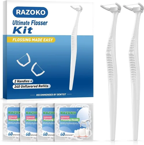 Vista 14 de RAZOKO Kit de hilo dental de mango largo (1 mango verde + 120 recambios) Púas de hilo dentales extra fuertes resistentes a la rotura para dientes