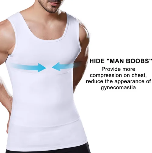Vista 2 de Camiseta de compresión adelgazante para hombre, camiseta sin mangas de entrenamiento para ginecomastia, control de abdomen, cambio en segundos