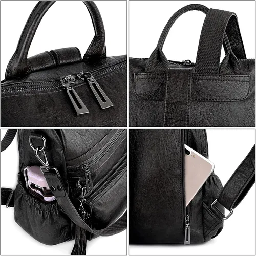 Vista 5 de UTO Mochila de piel vegana para mujer, diseño de moda, convertible, bolsa de hombro con borla, Mochilas tipo mochila