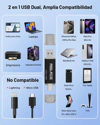 Vista 5 de ABLAZE 16GB Unidad Flash USB Tipo C 10 Pack, Memoria Stick Thumb Drive Dual USB 2.0+USB C Compatible con iPhone 16/15, Smartphone Android Paquete