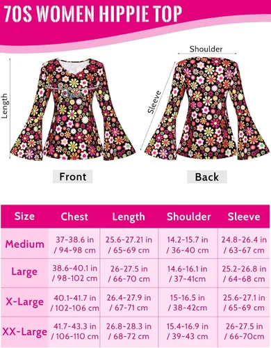 Vista 2 de Paquete de 8 disfraces hippie de los años 70 para mujer, manga superior, pantalones bohemios, acampanados, accesorios para disfraz de Halloween