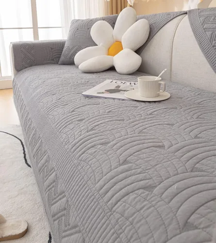 Vista 6 de Funda de sofá de algodón de estilo granja con diseño de punto de cruz y bordado, funda seccional para sofá suave y antideslizante, protector