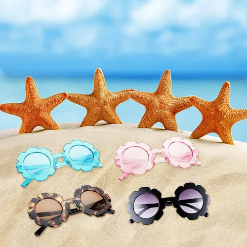 Vista 4 de Tatuo 4 pares de lentes de sol redondos con diseño de margaritas, para niños y niños pequeños, redondos, lindos anteojos de playa para exteriores