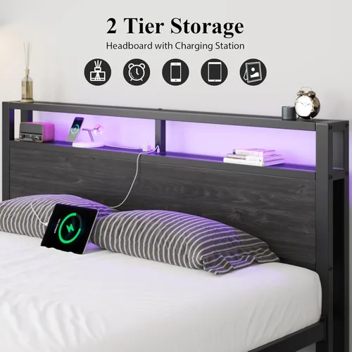 Vista 39 de LOEWAY Base de cama tamaño Queen con cabecero de almacenamiento y luces LED, color gris