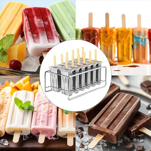Vista 5 de Paquete de 12 moldes de paletas de acero inoxidable, moldes caseros para paletas de hielo con soporte, máquina reutilizable de cabeza plana