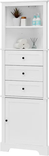 Vista 6 de Armario esquinero alto con 3 cajones y puerta, estantes ajustables, organizador de almacenamiento de baño para sala de estar o cocina, color blanco