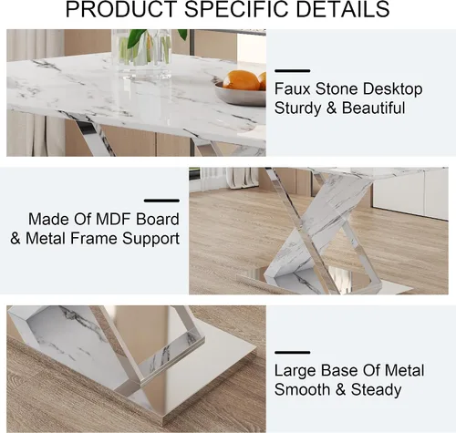 Vista 7 de Juego de mesa de comedor de mármol para mesa rectangular blanca de 4.63 pulgadas con marco de metal plateado en forma de X y 4 sillas de comedor