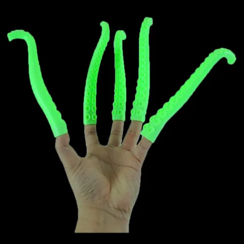 Vista 4 de 5 marionetas de tentáculo de dedo de silicona verde que brillan en la oscuridad