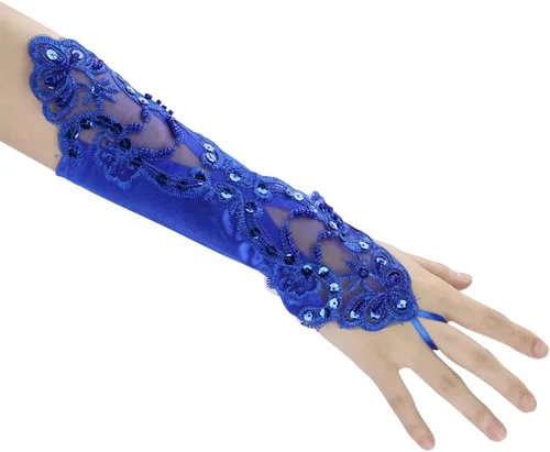 Vista 2 de Guantes de encaje floral sin dedos para novia, con lentejuelas, para mujer, ropa de mano, boda, graduación, fiesta, manoplas vintage
