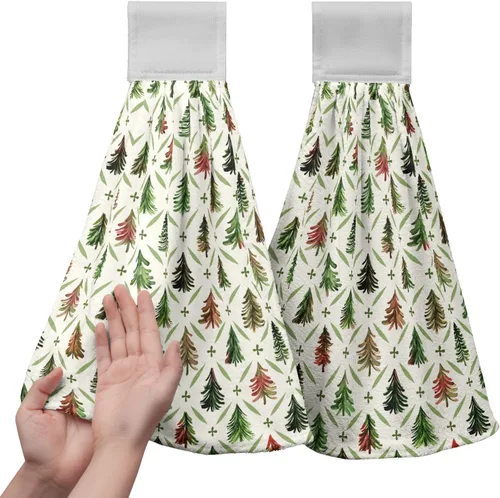 Vista 9 de Juego de 2 toallas de cocina colgantes de hojas tropicales de verano, color verde, hojas de palmera, con bucles para colgar, suaves y absorbentes