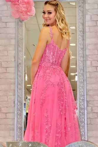 Vista 6 de Kncpti Vestidos de fiesta con tirantes delgados para mujer, apliques de encaje, hombros descubiertos, tul sexy, dividido, largo, formal, vestidos