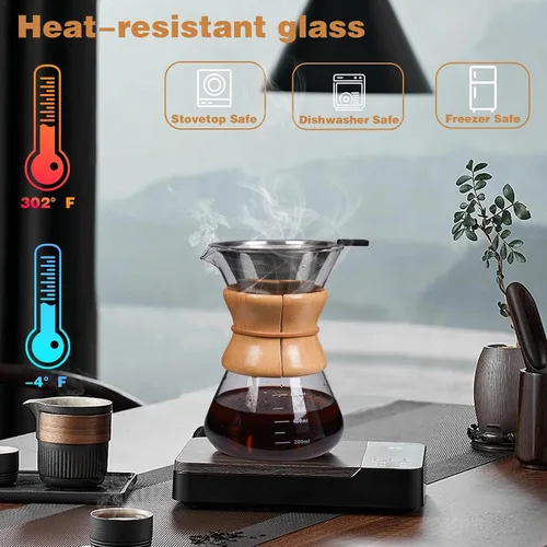 Vista 4 de Cafetera de goteo con filtro de goteo reutilizable de acero inoxidable, jarra de café de vidrio de borosilicato sin plomo con cuello de madera