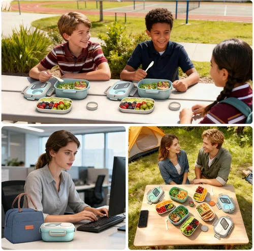 Vista 6 de PEDECO - Caja Bento azul con bolsa, apilable de 2 niveles con utensilios y caja de salsa 3 compartments prevent food mixing,Portable sauce pod
