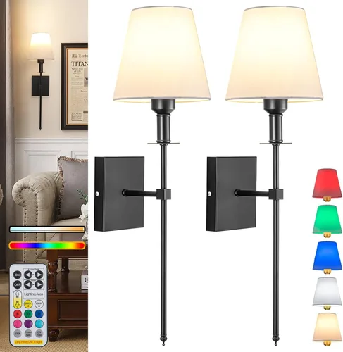 Vista 14 de Juego de 2 apliques de pared a pilas, para interiores, sin cableado, apliques de pared inalámbricos recargables con control remoto regulable