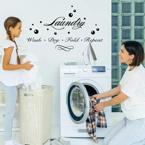 Vista 4 de Calcomanías de lavandería para cuarto de lavado, con cita de burbujas, para lavar, secar, doblar, repetir, decoración de pared, calcomanías