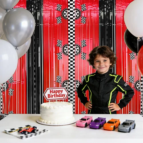 Vista 5 de 2 cortinas de fondo de aluminio con flecos de automóvil de carreras, decoración de fiesta de cumpleaños de coche de carreras, fondo de fotos negro