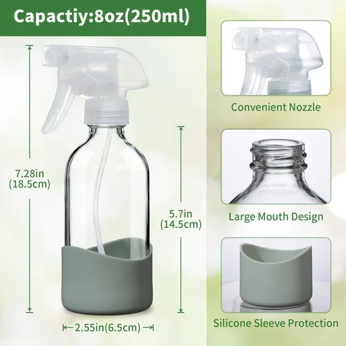 Vista 2 de Botellas de vidrio transparente de 8 onzas con funda de silicona, botellas de spray recargables para soluciones de limpieza, cabello, plantas