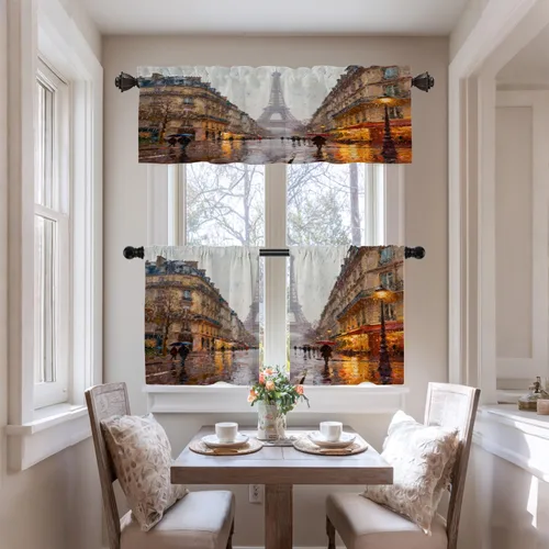 Vista 6 de Cortinas opacas de cocina con pintura al óleo de Europa rosa y negra para ventanas, cenefas opacas modernas de torre Eiffel de poliéster multicapa