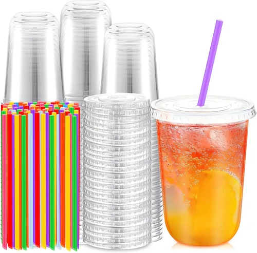 Vista 14 de Ziliny - Paquete de 50 vasos de plástico de 12 onzas con tapas, pajitas