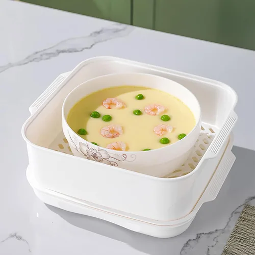 Vista 9 de Vaporera de microondas con tapa y bandeja, vaporera de verduras para tazón de microondas, utensilios de cocina aptos para microondas (2 niveles)