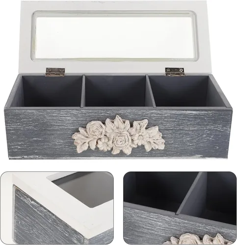 Vista 8 de BESTYASH Cofre de té de madera organizador 3 compartimentos con tapa y Acabado blanco, almacenamiento decorativo versátil para paquetes de café