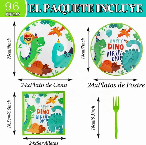 Vista 3 de 96 piezas de suministros de fiesta de dinosaurios, decoración de fiesta de cumpleaños con temática de dinosaurio, incluye platos, servilletas