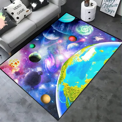 Vista 4 de Alfombra espacial para habitación de niños, alfombra de galaxia para niños, alfombras espaciales para dormitorio de niños, decoración