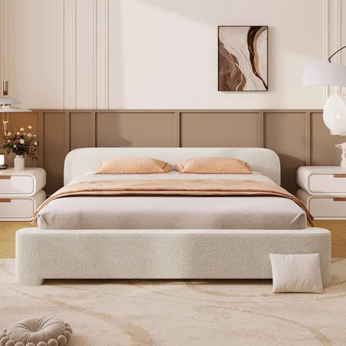 Vista 10 de Cama de Plataforma Tapizada con Forma Curva con Cabecera de Forma Curva, Marco de Cama de Madera Tamaño Full para Dormitorio de Niños y Adultos