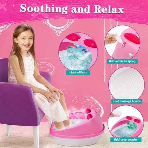 Vista 2 de Juego de spa de pies y uñas para niños, kit de día de spa para niñas, bañera de masaje de pies y secador de uñas, juguetes de manicura, pedicura