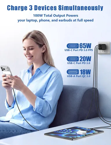 Vista 4 de Susnwere - Cargador de pared USB C de 85 W para Samsung S26 Ultra, 3 puertos de 100 W PD rápida 3.0 tipo C carga con cable USB C de 3/6/10/10 pies
