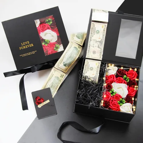 Vista 3 de Caja de dinero para regalo en efectivo - Caja de regalo de flores de lujo con tirador de dinero y tapa con flor y lazo, caja de regalo única